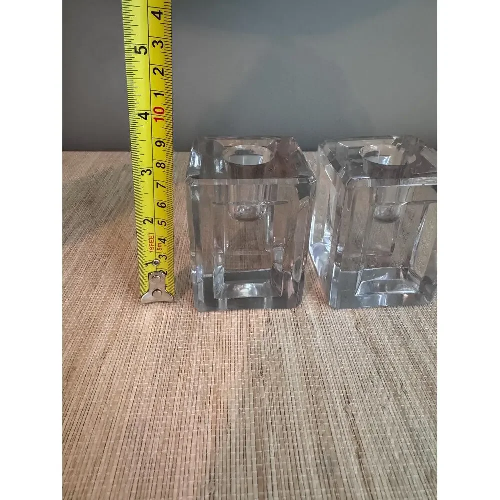 Vintage Pair MCM Art Deco Heavy Cut Crystal Block Candle Holders